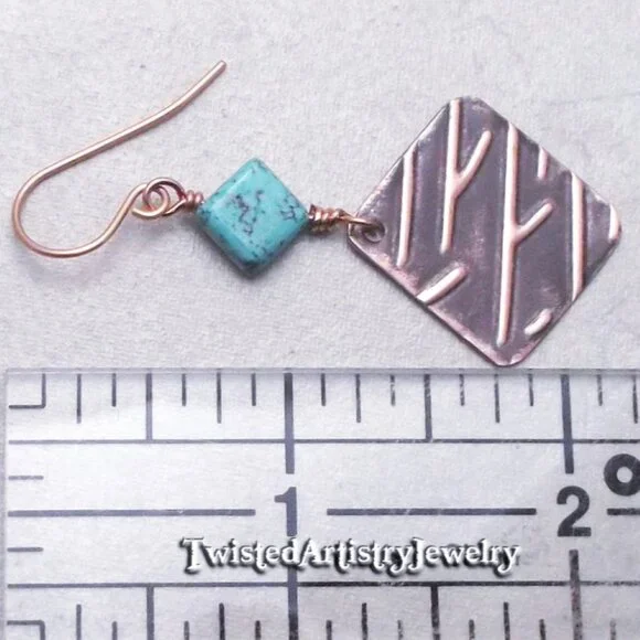 Turquoise and Embossed Copper Rhombus Earrings - Picture 3 of 3